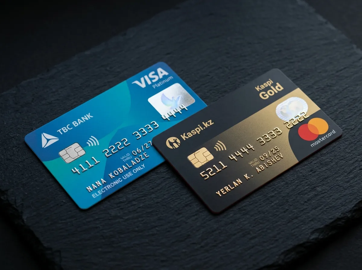 Пластиковые карты Visa и Mastercard зарубежных банков СНГ на тёмном фоне, профессиональная продуктовая фотография
