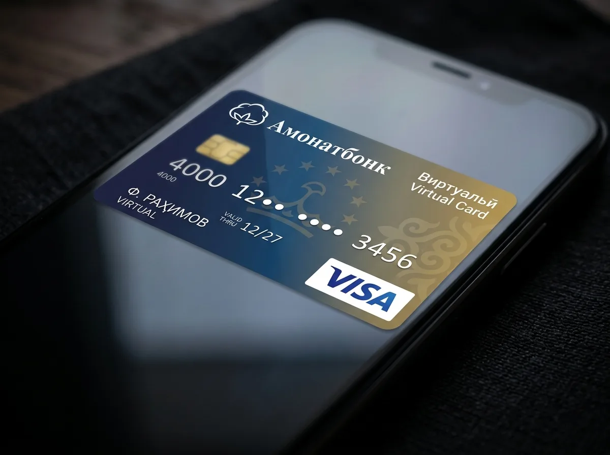 Виртуальная карта Visa банка Таджикистана на тёмном фоне, крупный план с логотипом платёжной системы