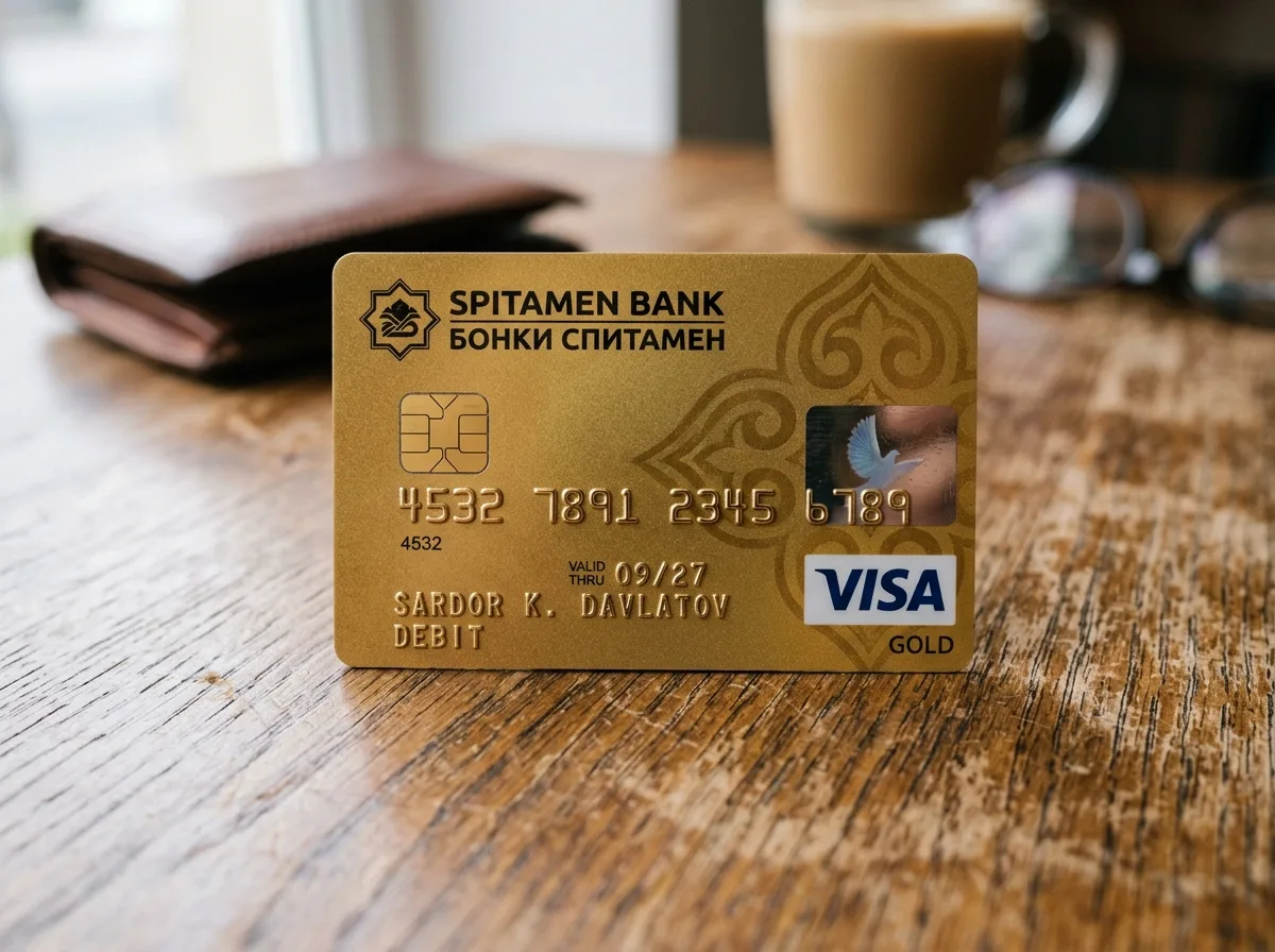 Золотая пластиковая карта Visa банка Таджикистана, лежит на деревянном столе, горизонтальная ориентация