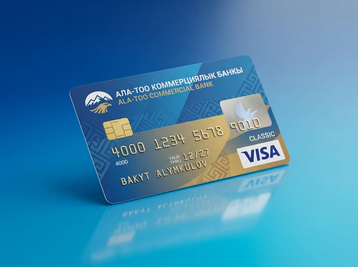 Классическая пластиковая карта Visa банка Киргизии на синем градиентном фоне с отражением
