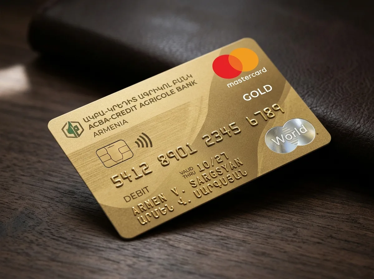 Именная золотая карта Mastercard армянского банка, вид спереди под углом 45 градусов на тёмном фоне